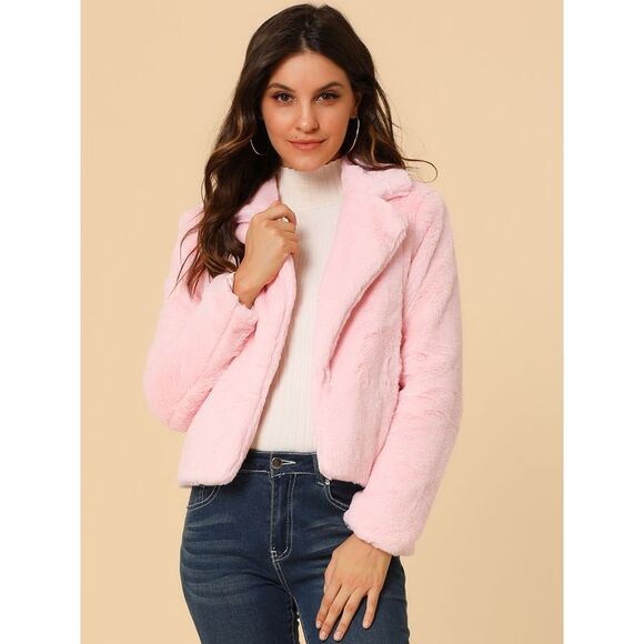 Cropped Jacket Notch Lapel Faux Fur Fluffy Coat Pink - Picture 2 of 6